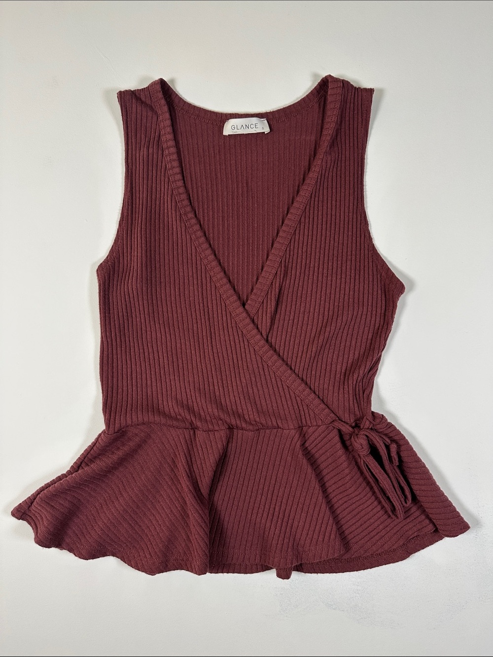 Glance Women's Ribbed Wrap Peplum Tank Top - Wine